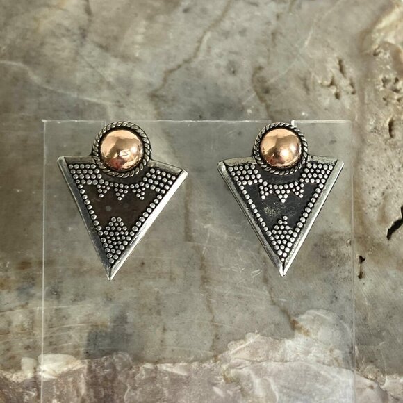 Sterling Silver 925 Gold Vermeil Bali Style Mixed Metal Triangle Stud Earrings - Picture 5 of 16